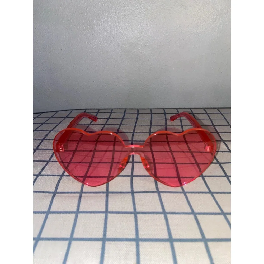 Pink Heart Shaped Rimless Sunglasses Translucent Retro Festival Whimsy Eyewear